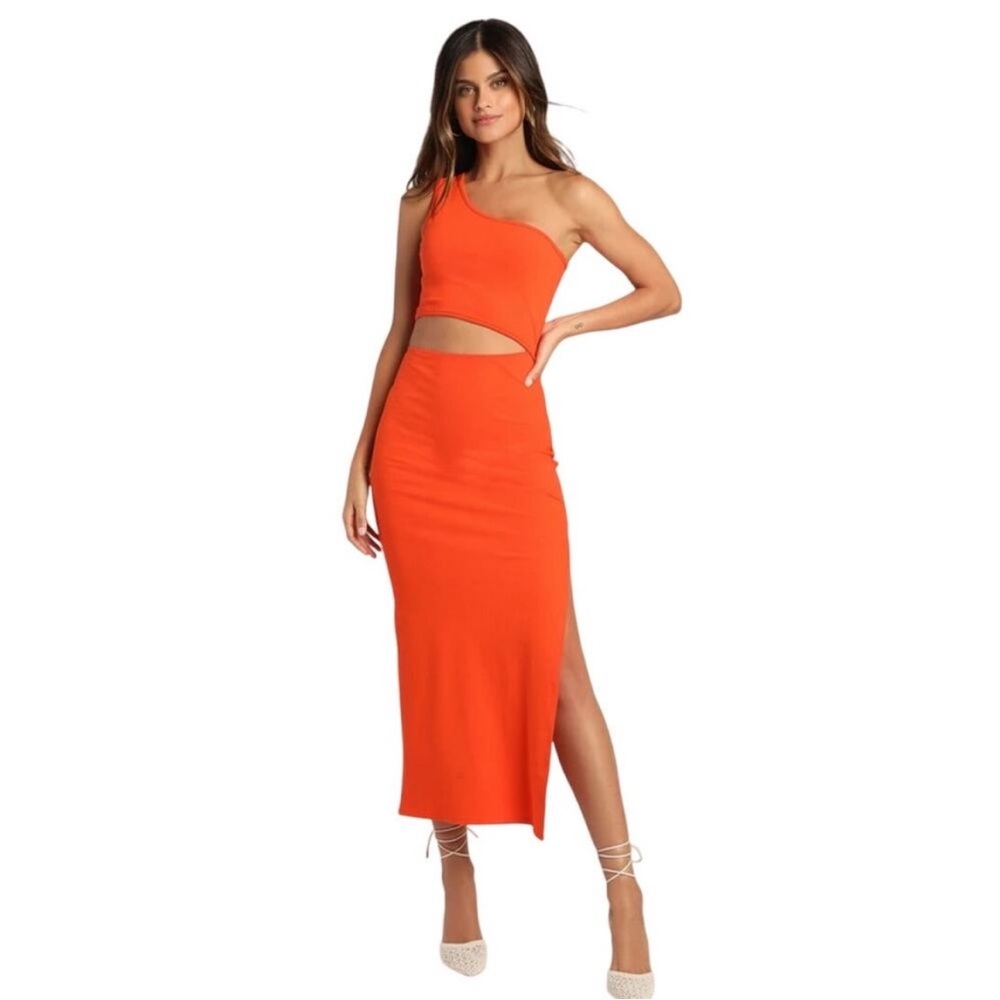 Lulus One-Shoulder Orange Midi Dress